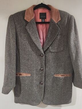 Vtg 1990s Limited Collection Herringbone Tweed Wool Suede Plaid Blazer Sz M
